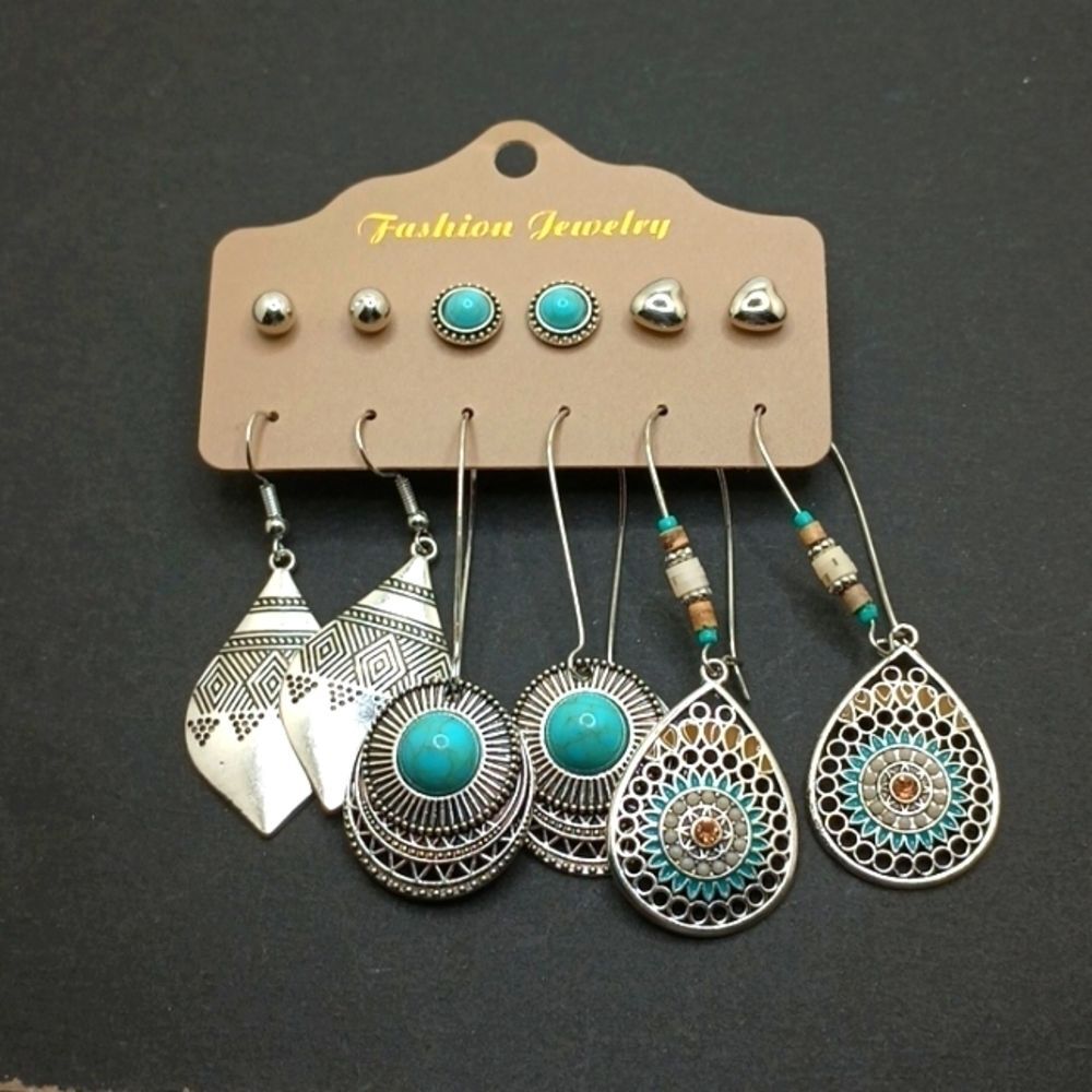 SILVER turquoise boho spear studs earring bundle